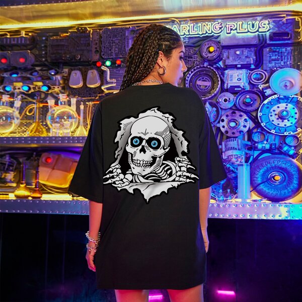 

Drop Shoulder Skeleton Print Oversized Tee, Black