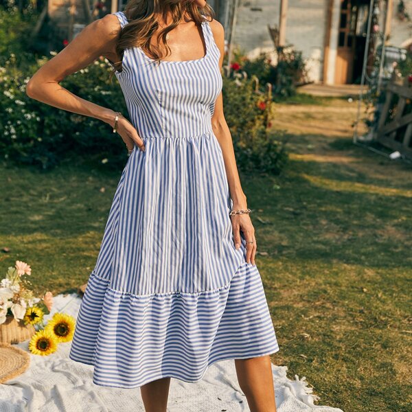 

Striped Ruffle Hem A-line Dress, Blue and white