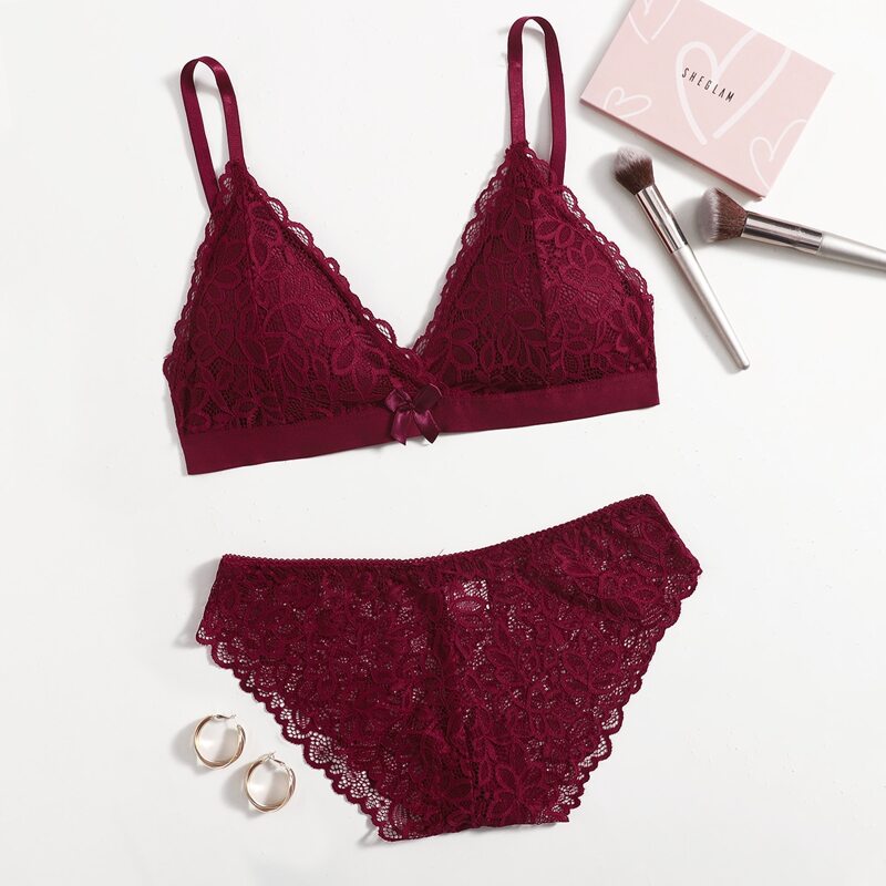 

Floral Lace Triangle Lingerie Set, Purple