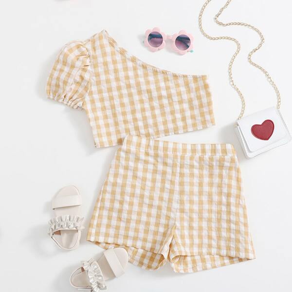

Girls One Shoulder Gingham Top & Shorts Set, Multicolor