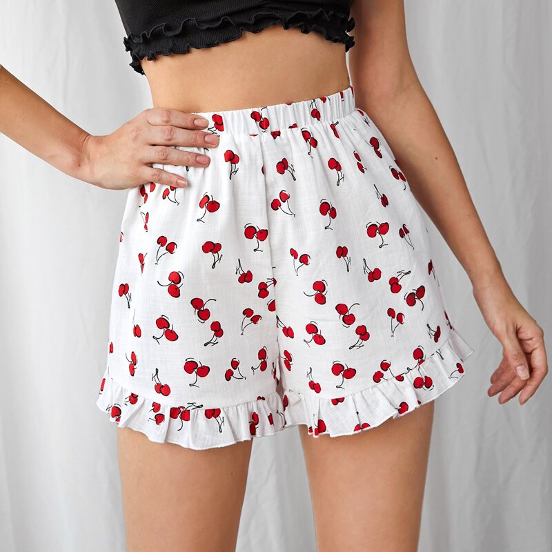 

Cherry Print Ruffle Hem Shorts, White