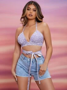 SHEIN Tops Denim Lộ Lưng Họa tiết hoa Gợi cảm - Nhiều màu - Xem 1