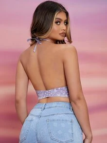 SHEIN Tops Denim Lộ Lưng Họa tiết hoa Gợi cảm - Nhiều màu - Xem 2