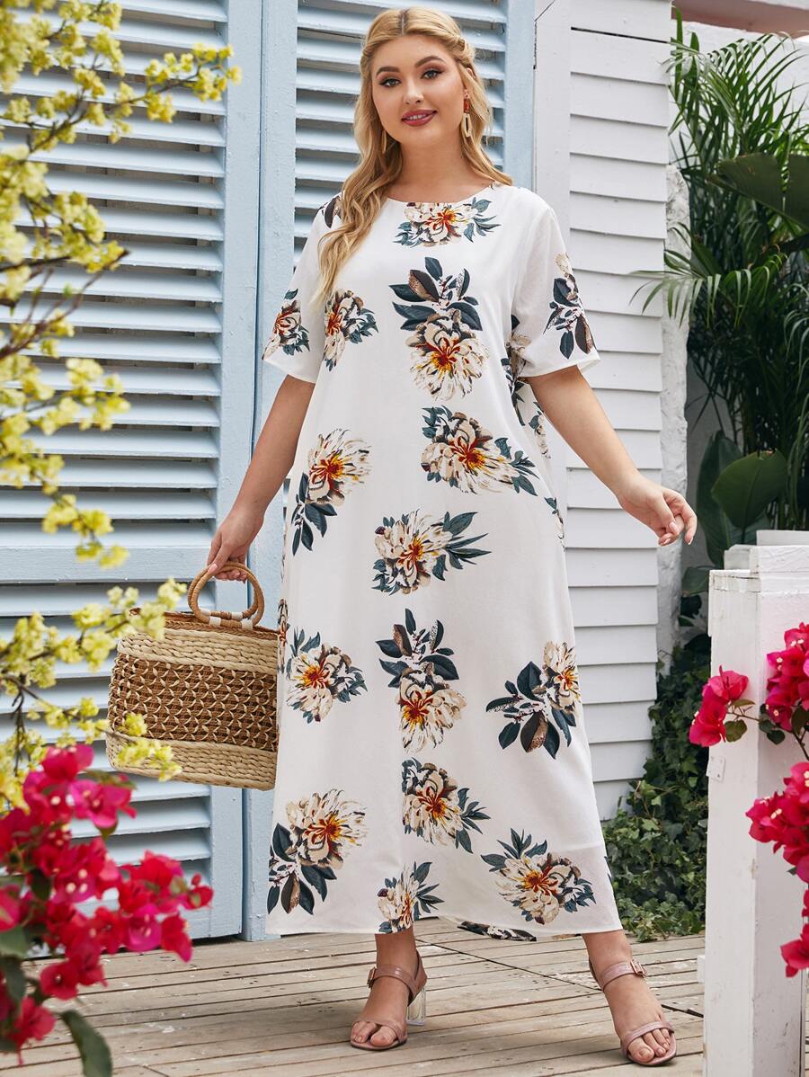 SHEIN Plus Floral Tunic Dress - White - View 1
