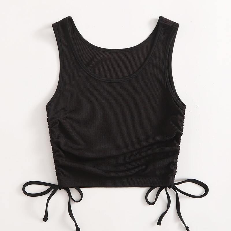 

Solid Drawstring Ribbed Tank Top, Black