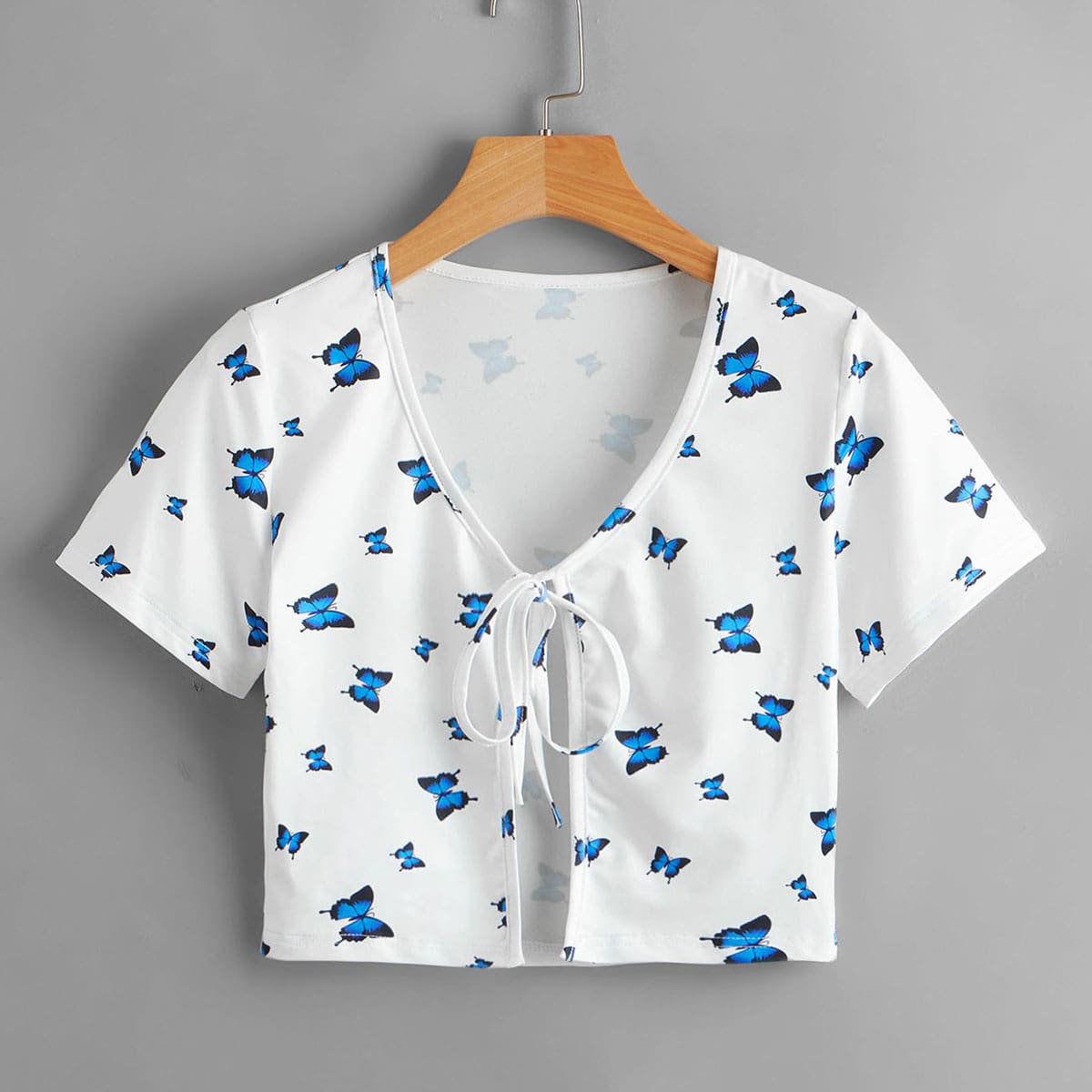 

Butterfly Print Tie Front Top, White