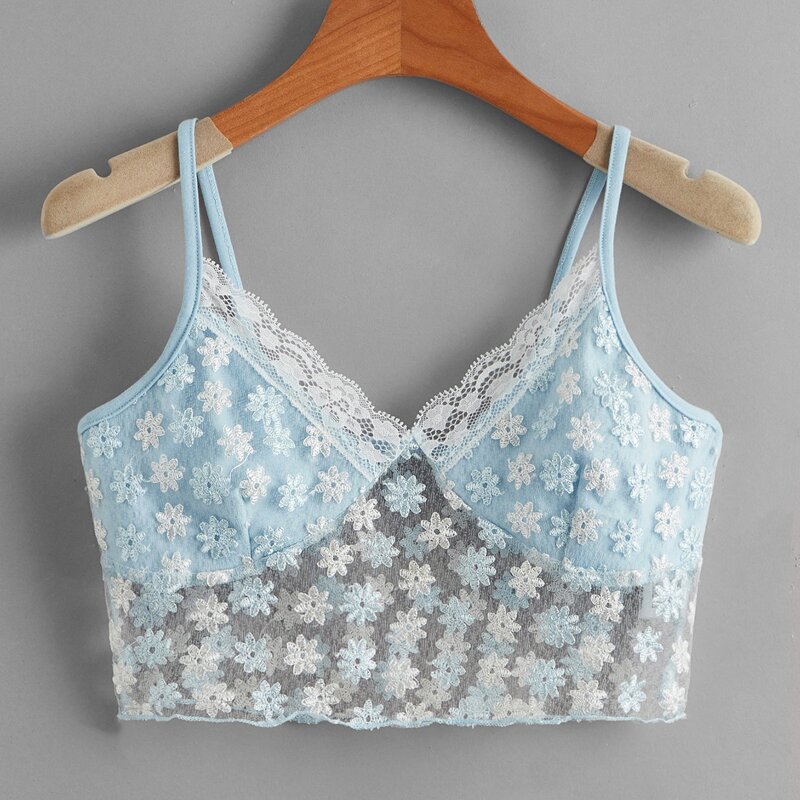 

Ditsy Floral Embroidery Contrast Lace Crop Cami, Baby blue