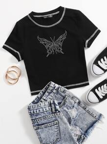 SHEIN EZwear Butterfly Rhinestone Stitch Detail Tee - Black - View 1