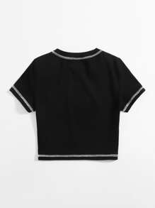 SHEIN EZwear Butterfly Rhinestone Stitch Detail Tee - Black - View 2