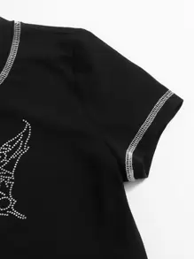 SHEIN EZwear Butterfly Rhinestone Stitch Detail Tee - Black - View 3