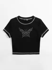 SHEIN EZwear Butterfly Rhinestone Stitch Detail Tee - Black - View 4
