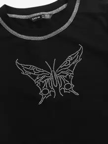 SHEIN EZwear Butterfly Rhinestone Stitch Detail Tee - Black - View 5