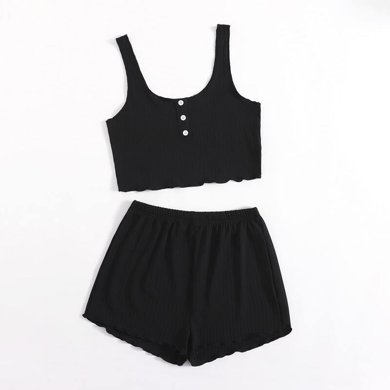 

Solid Button Ribbed Tank Top & Shorts, Black