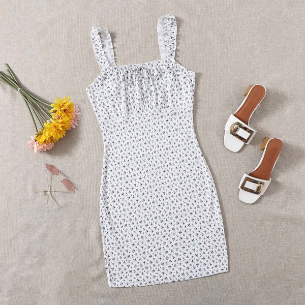 

Plus Frilled Strap Ruched Bust Ditsy Floral Bodycon Dress, Multicolor