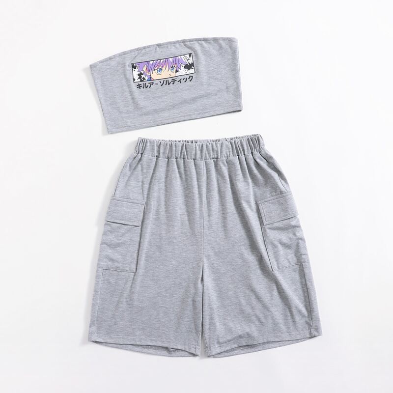 

Figure Graphic Crop Tube Top & Cargo Shorts, Light grey