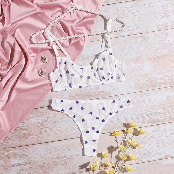 

Heart Print Mesh Underwire Lingerie Set, White