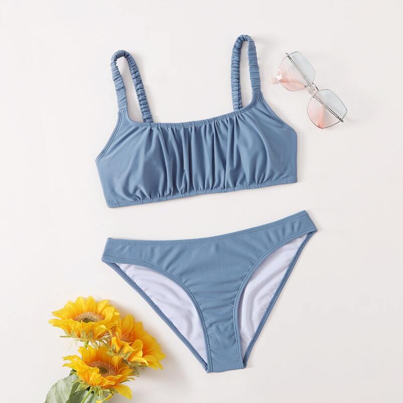 

Solid Ruched Bikini Swimsuit, Dusty blue
