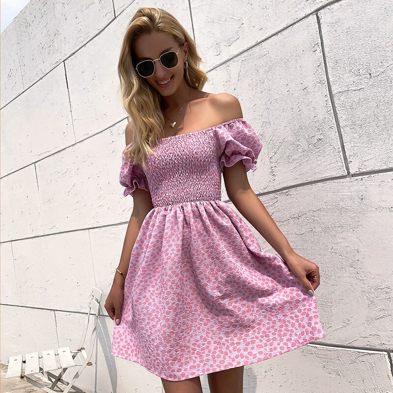 

Off Shoulder Shirred Bodice Polka Dot Dress, Purple