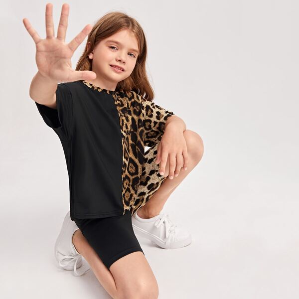 

Girls Leopard Spliced Top & Biker Shorts Set, Multicolor