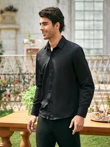 Calvornis Men Button Front Solid Shirt - Black - View 3