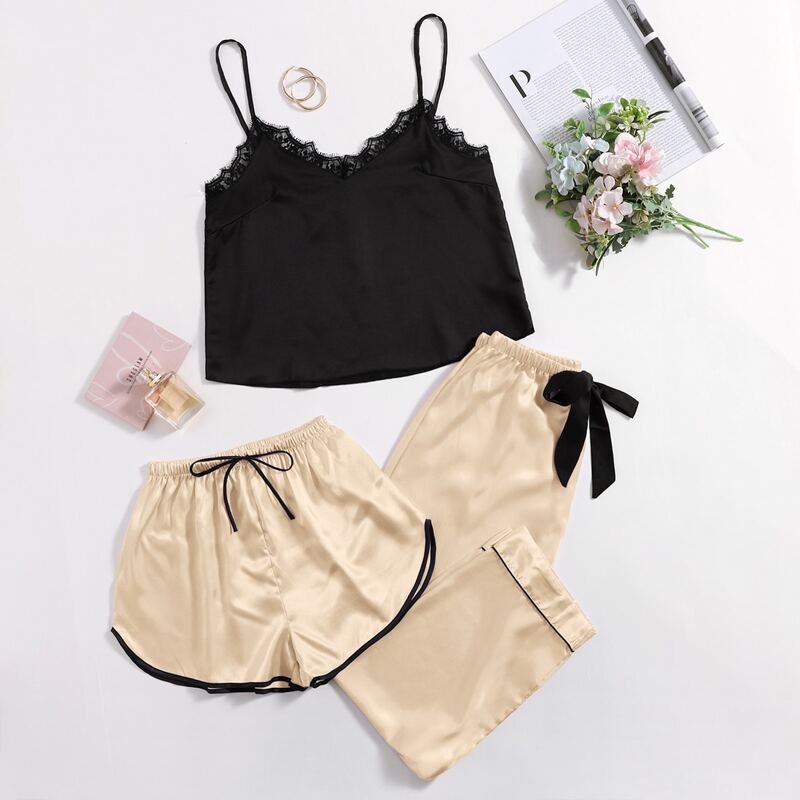 

3 Pack Satin Contrast Lace Night Set, Multicolor