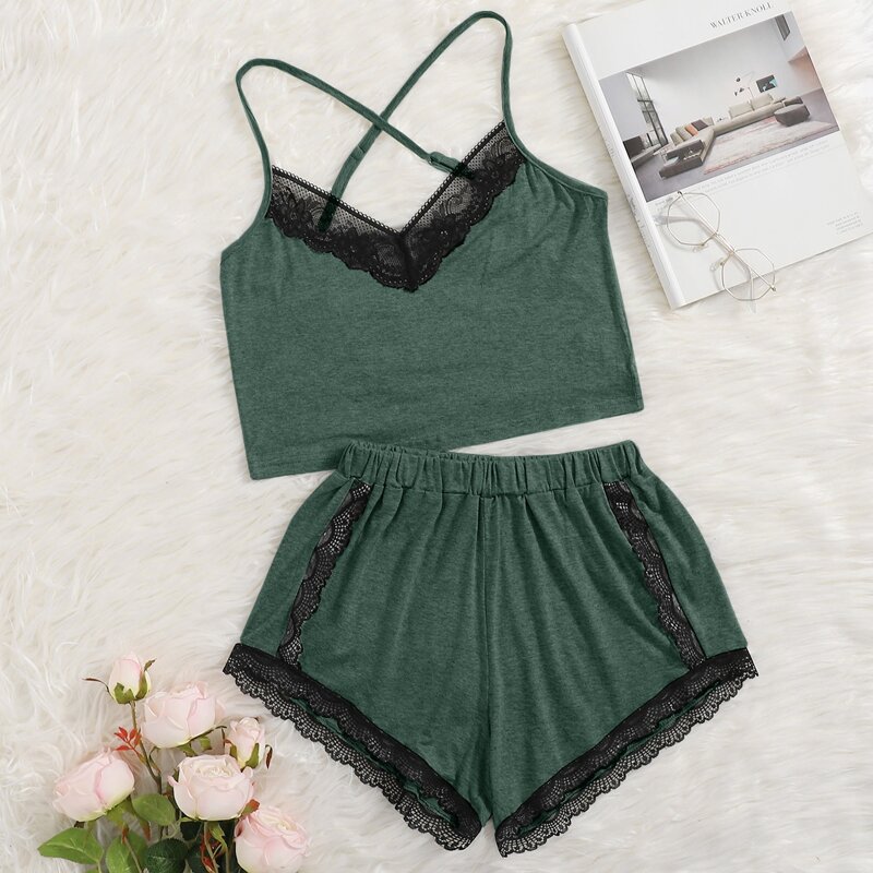 

Contrast Lace Criss Cross Back Pajama Set, Dark green