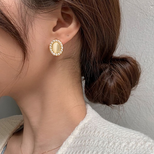 

Faux Pearl Decor Oval Earrings, Beige
