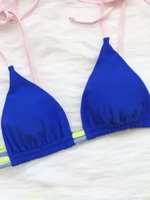 Conjunto de bikini de tanga triangular con bloques de colores de verano - azul real - Ver 4