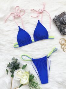Conjunto de bikini de tanga triangular con bloques de colores de verano - azul real - Ver 5