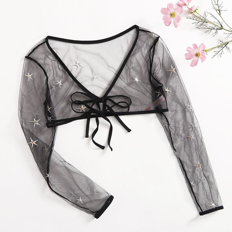

Star Embroidered Mesh Cover Up, Black and white