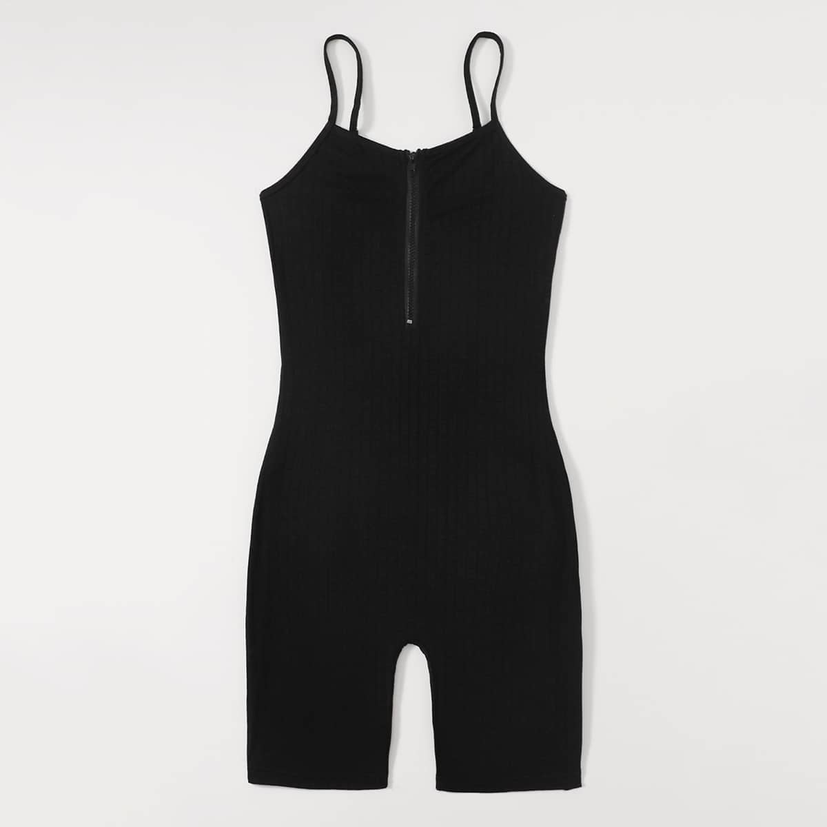 

Solid Ribbed Half Zip Jumpsuit, Black