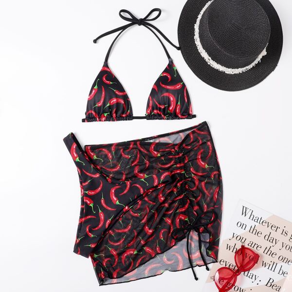 

3pack Random Chili Print Bikini Swimsuit With Cover Up, Multicolor