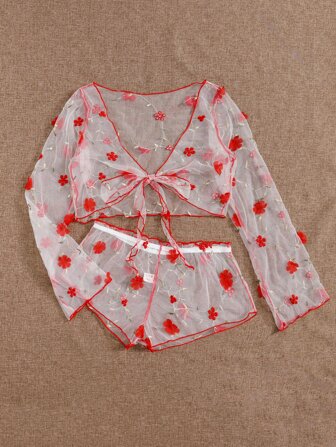 Dessous Set mit Blumen Applikation und Mesh