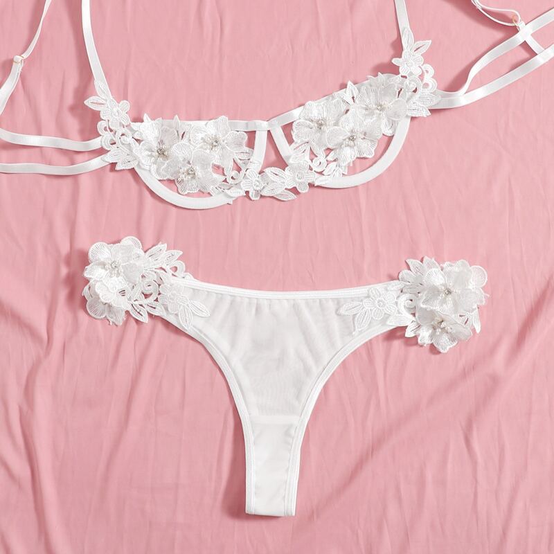 

Floral Guipure Lace Lingerie Set, White