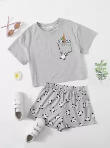 SHEIN Girls Cartoon Graphic Tee & Track Shorts Set - Light Grey - View 1