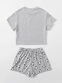 SHEIN Girls Cartoon Graphic Tee & Track Shorts Set - Light Grey - View 2