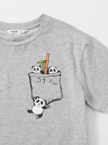 SHEIN Girls Cartoon Graphic Tee & Track Shorts Set - Light Grey - View 4