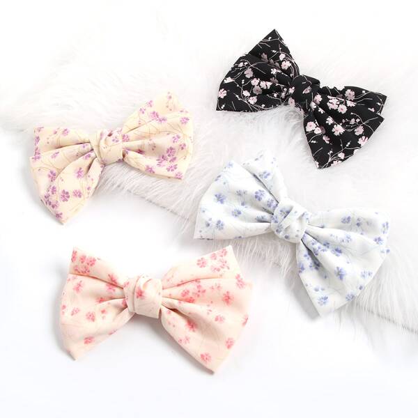 

4pcs Floral Print Bow Knot Hair Clip, Multicolor
