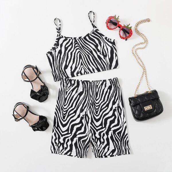 

Girls Zebra Stripe Cami Top & Biker Shorts Set, Black and white