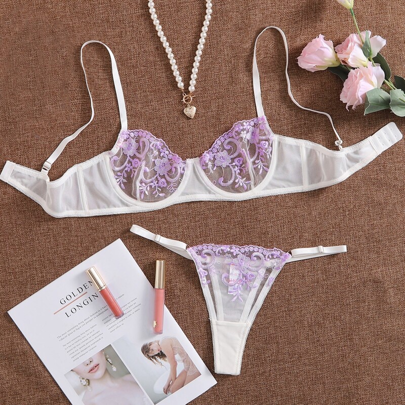 

Embroidered Mesh Underwire Lingerie Set, White