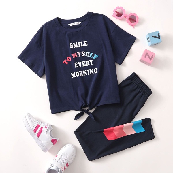 

Girls Slogan Graphic Knot Front Tee & Pants Set, Navy blue