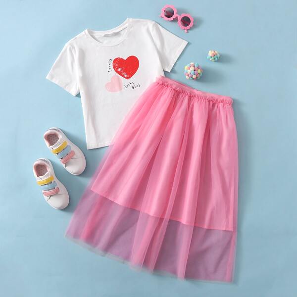 

Girls Heart Print Tee & Mesh Overlay Skirt Set, Multicolor