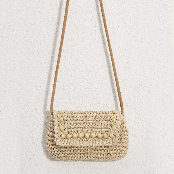 

Bead Decor Flap Straw Bag, Beige