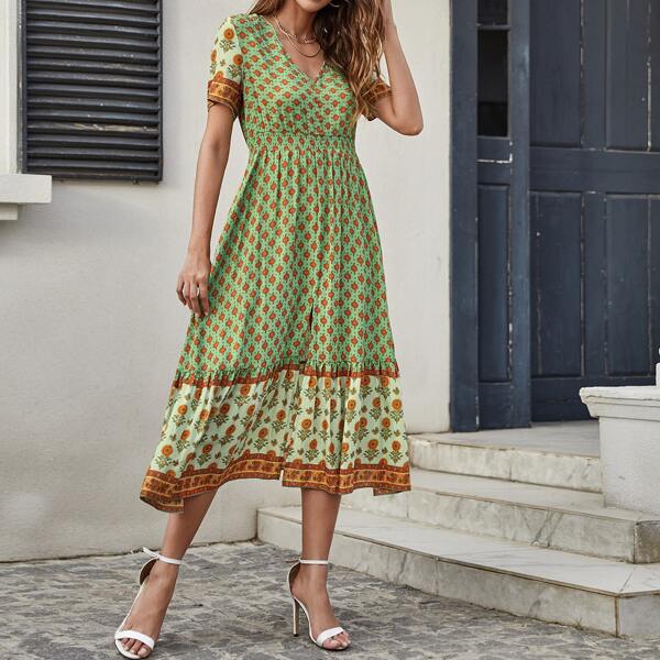 

Button Front Shirred Waist Slit Ruffle Hem Floral Dress, Multicolor
