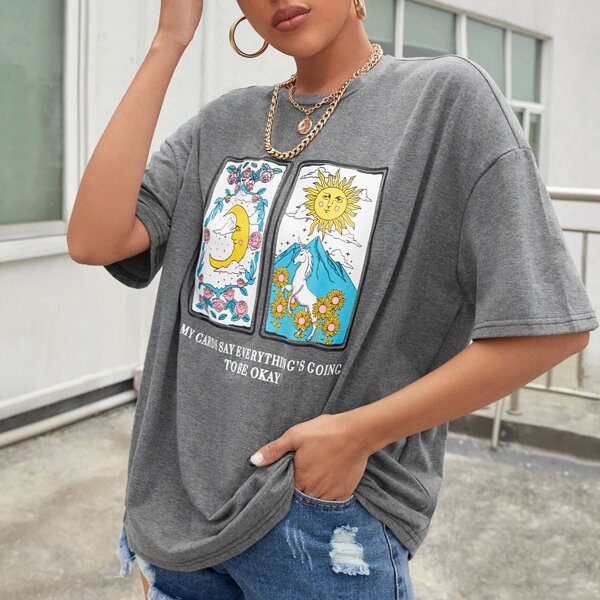 

Card And Slogan Graphic Tee, Grey