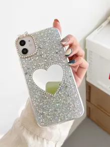 Ốp điện thoại hình trái tim có gương trang trí bằng kim cương giả tương thích với iPhone15/15Plus/15Pro/15Promax - Bạc - Xem 1