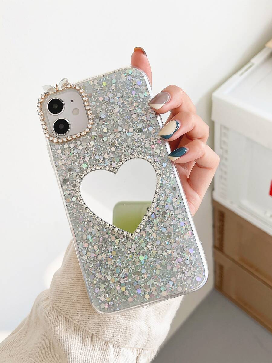 Ốp điện thoại hình trái tim có gương trang trí bằng kim cương giả tương thích với iPhone15/15Plus/15Pro/15Promax - Bạc - Xem 1