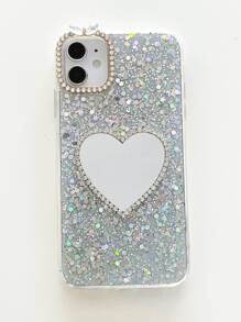 Ốp điện thoại hình trái tim có gương trang trí bằng kim cương giả tương thích với iPhone15/15Plus/15Pro/15Promax - Bạc - Xem 2