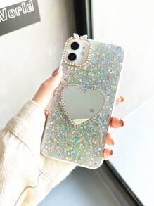 Ốp điện thoại hình trái tim có gương trang trí bằng kim cương giả tương thích với iPhone15/15Plus/15Pro/15Promax - Bạc - Xem 3