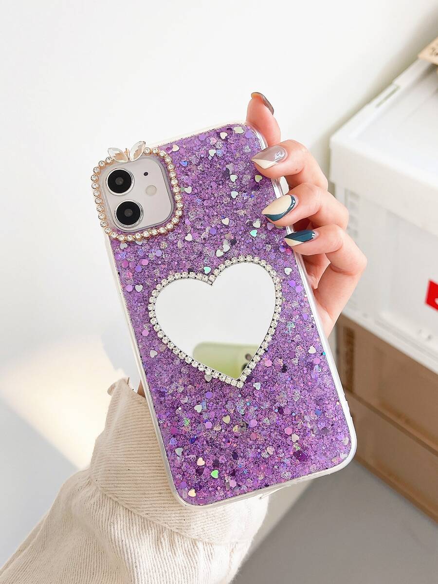 Rhinestone trang trí trái tim gương đèn flash trường hợp điện thoại - Màu tím - Xem 1